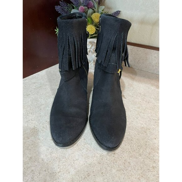 Lauren Ralph Lauren Black Suede Fringe Ankle Boots With Gold Buckle & Side Zippe - Picture 6 of 8